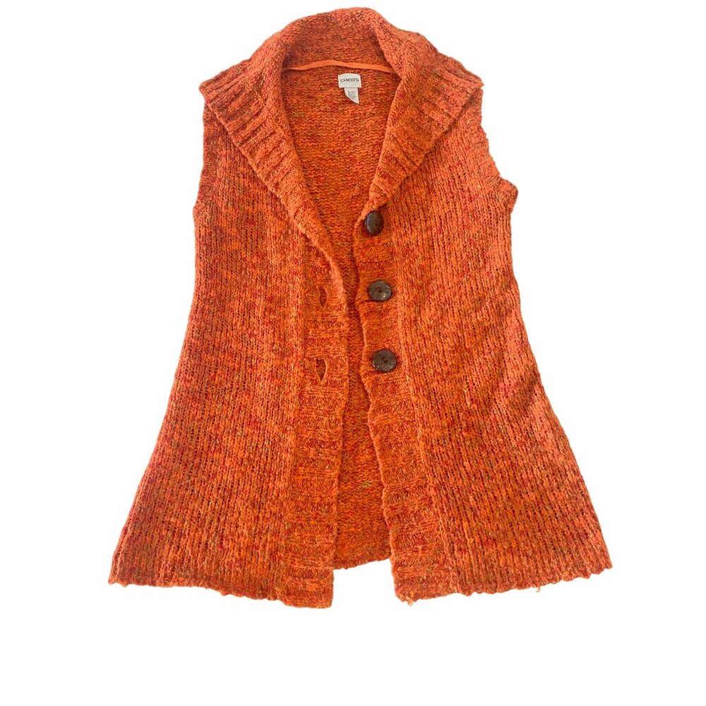 Chico's Crochet Long Sweater Cardigan Vest W's M Wool Blend Orange Fall Chunky - Picture 5 of 12